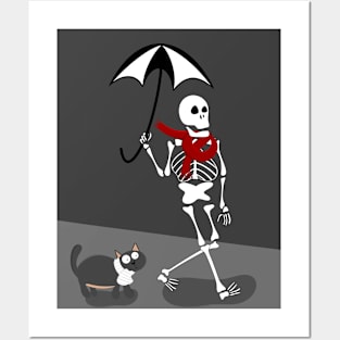 Cute Skeleton In Red Scarf Walking With Black Cat Posters and Art